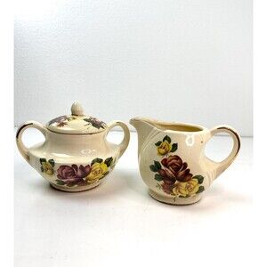 Vintage 1940s Creamer and Sugar Bowl Rose Print Farm House Country Kitchen USA